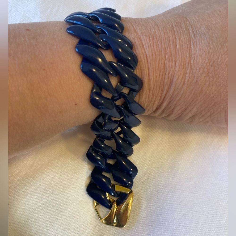 Napier Vintage Navy Blue Enameled Chain Link Bracelet Gold Tone - Picture 8 of 10